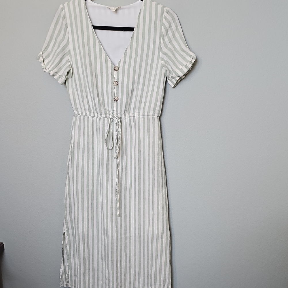 Everly Romantic Summer Green White Striped Linen Blend Midi Dress Small